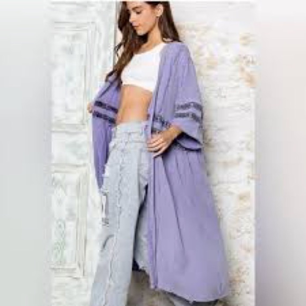 POL Embroidered Frayed Purple Kimono Cardigan Duster